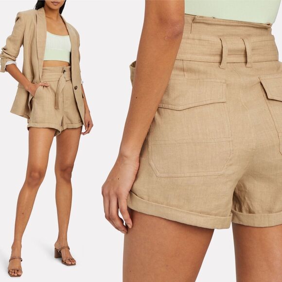 Frame Size 6 Linen Blend High Rise Paperbag Canvas Shorts Tan Beige - Picture 1 of 9